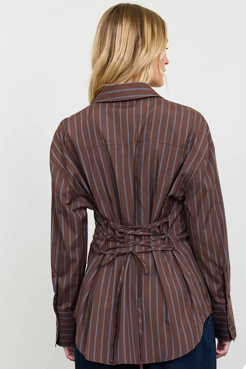 Stripe Button Down Back Lace Up Shirt - Brown Multi
