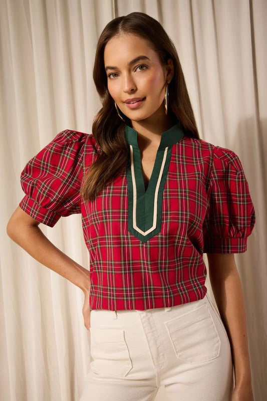 Christmas Plaid Bubble Sleeve Top sold by A Velvet Window