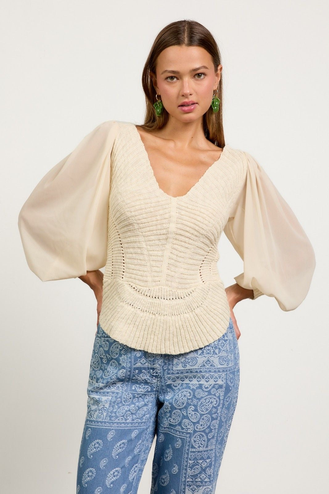 Sheer Sleeve Scalloped Sweater sold by A Velvet Window