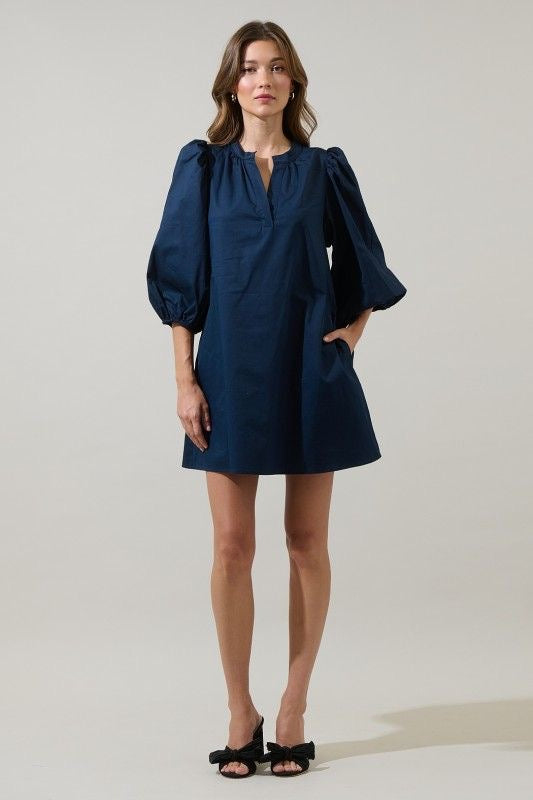 Navy Bubble Sleeve Shift Dress