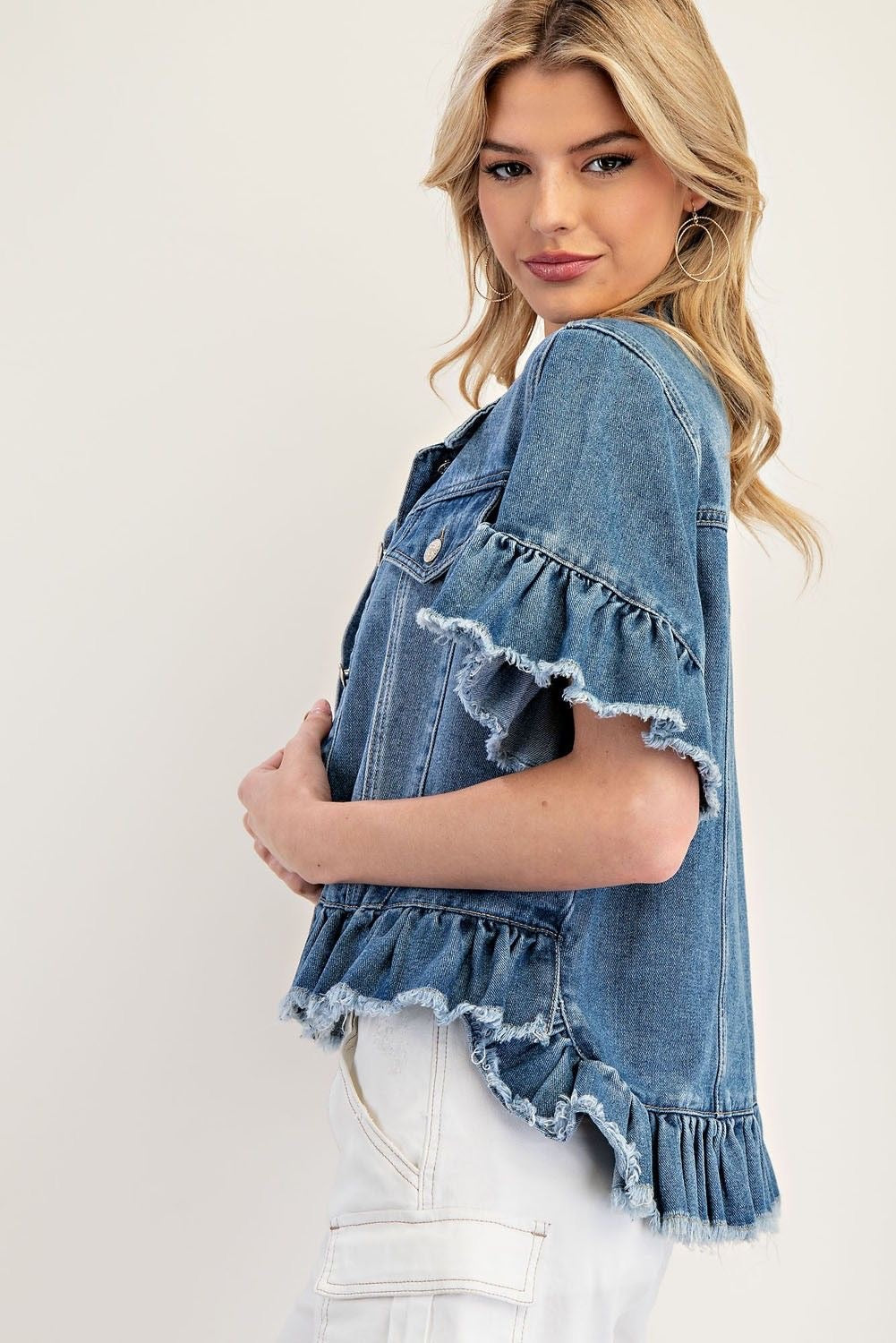 Ruffle Trim Short Sleeve Denim Jacket Top sold by A Velvet Window