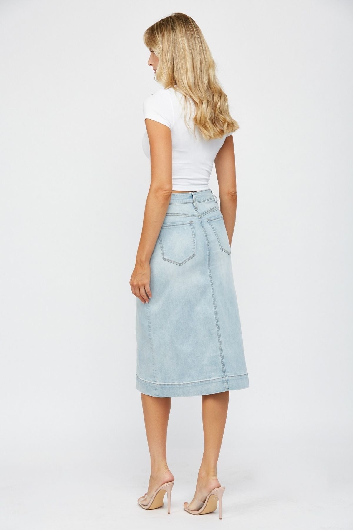 Light Wash Denim Midi Skirt sold by A Velvet Window