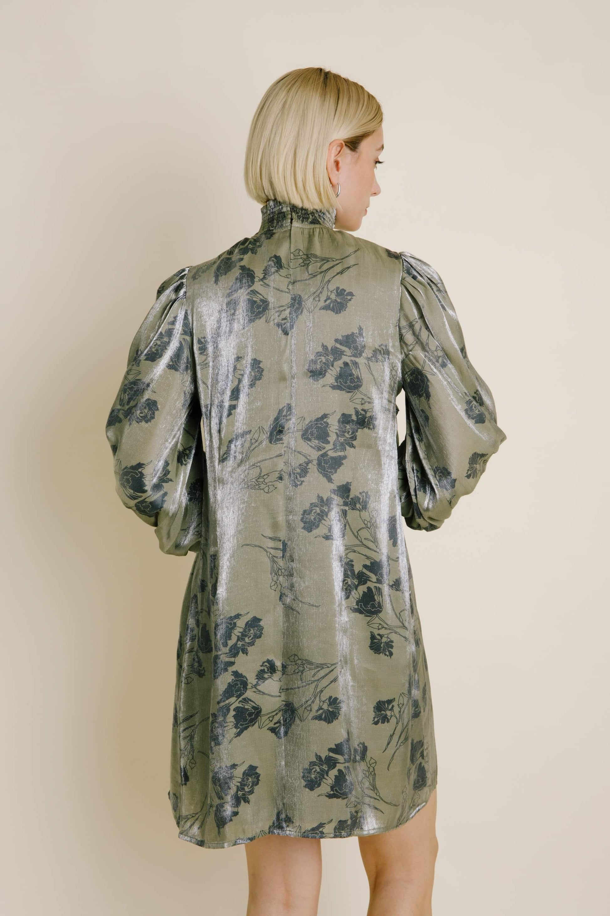 Olive Metallic Sheen Smocked Floral Mini Dress sold by A Velvet Window
