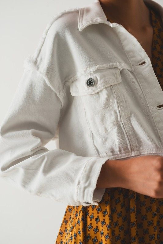 White Cropped Raw Hem Denim Jacket sold by A Velvet Window