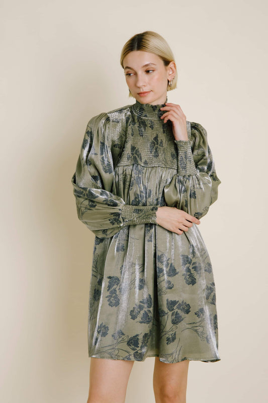 Olive Metallic Sheen Smocked Floral Mini Dress sold by A Velvet Window