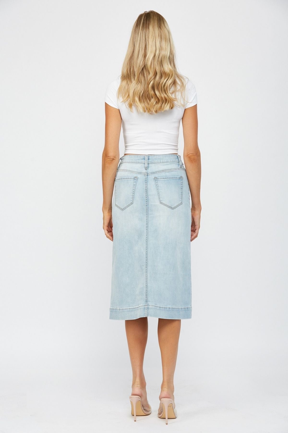 Light Wash Denim Midi Skirt sold by A Velvet Window
