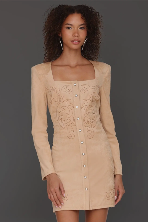 Premium Label - Western Embroidered Faux Suede Dress sold by A Velvet Window