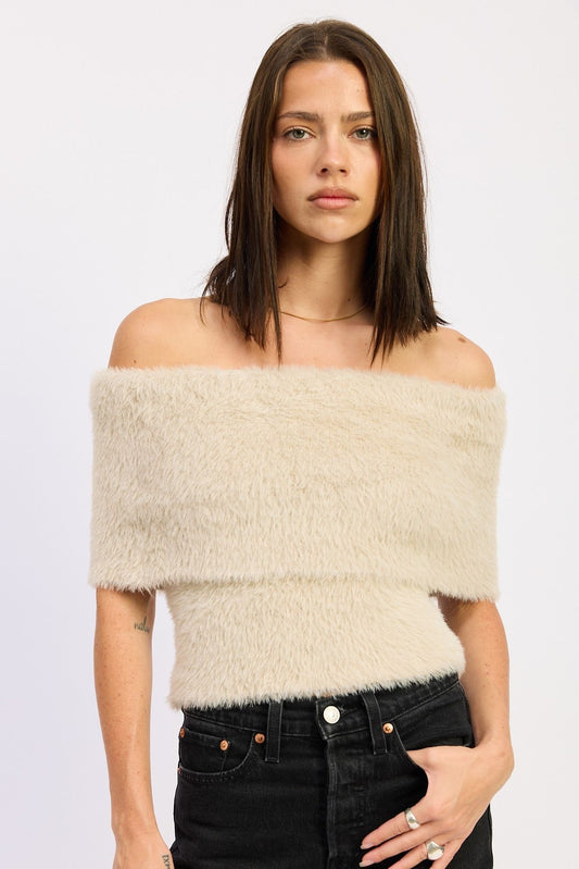 Cream Fuzzy Off The Shoulder Sweater sold by A Velvet Window