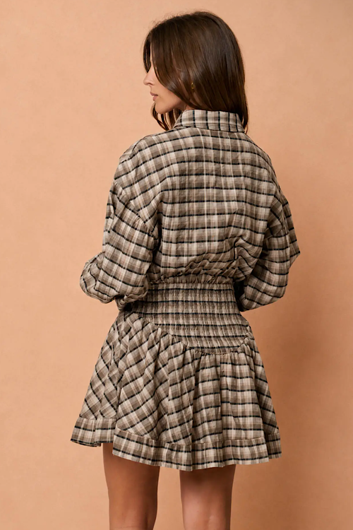 Plaid Collared Long Sleeve Basque Waist Mini Dress - Black