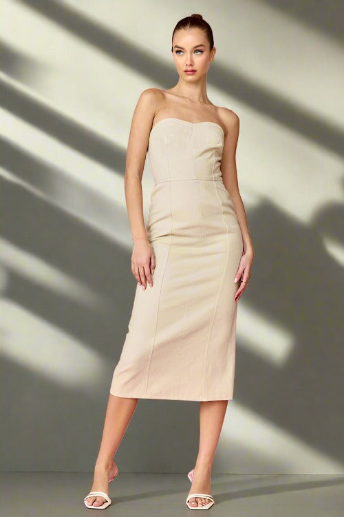 Taupe Denim Strapless Midi Dress sold by A Velvet Window