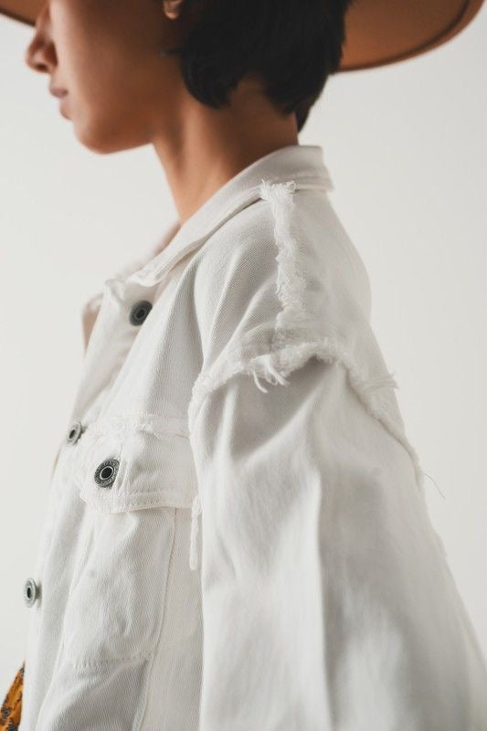 White Cropped Raw Hem Denim Jacket sold by A Velvet Window