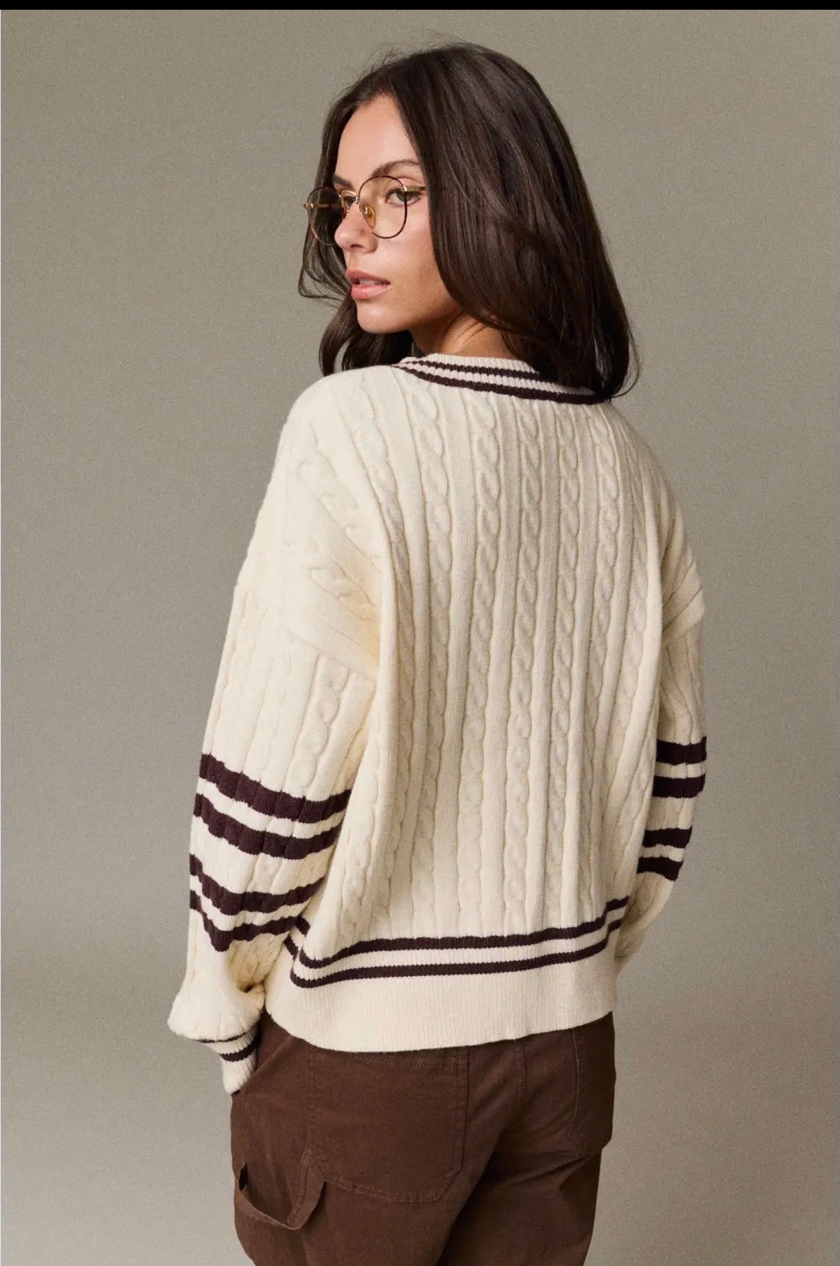 Cable Knit V-Neck Varsity Sweater