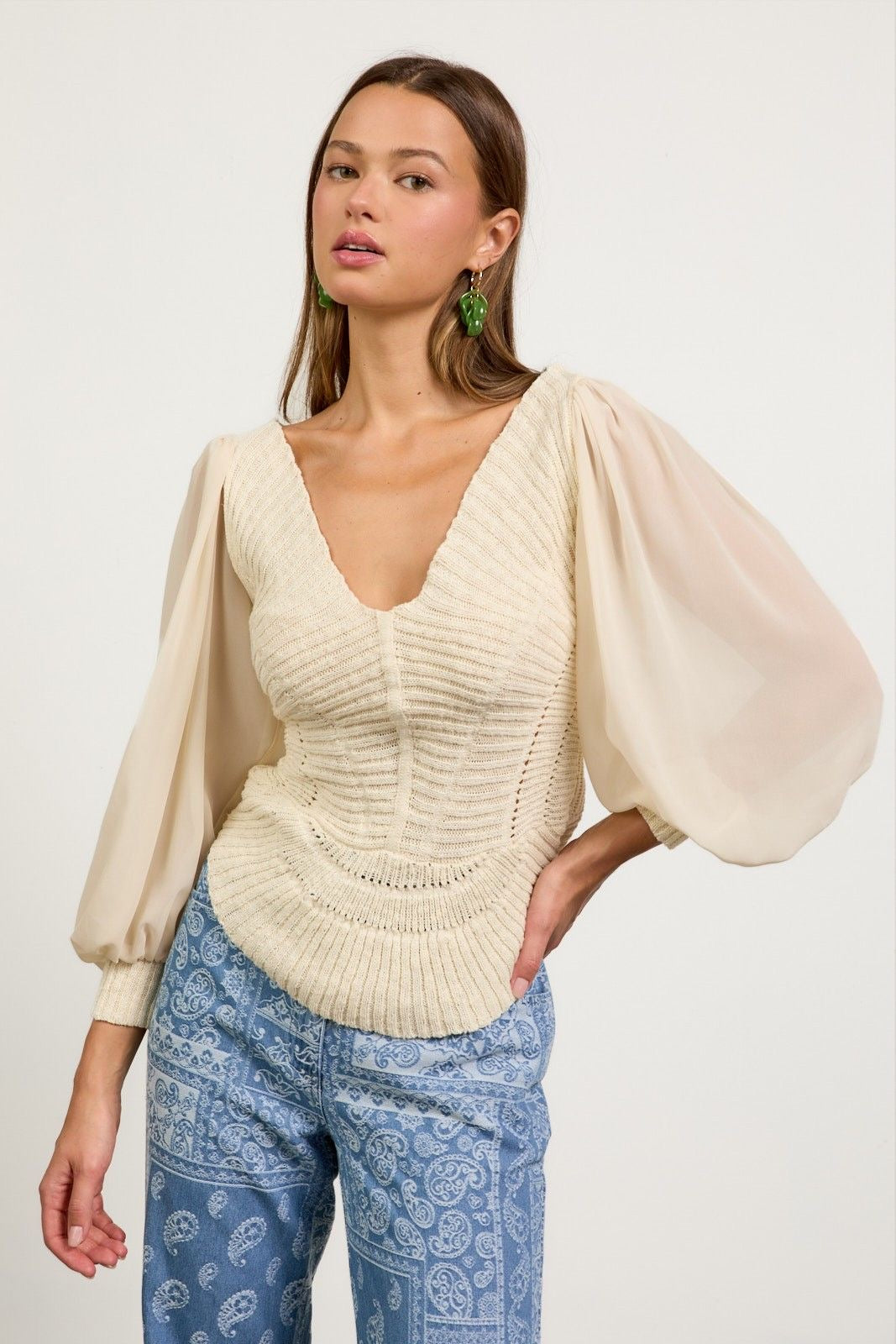 Sheer Sleeve Scalloped Sweater sold by A Velvet Window