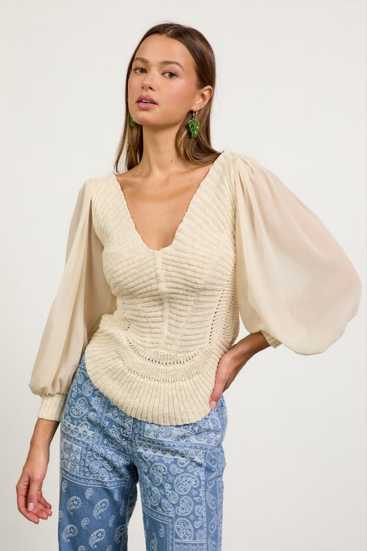 Sheer Sleeve Scalloped Sweater sold by A Velvet Window