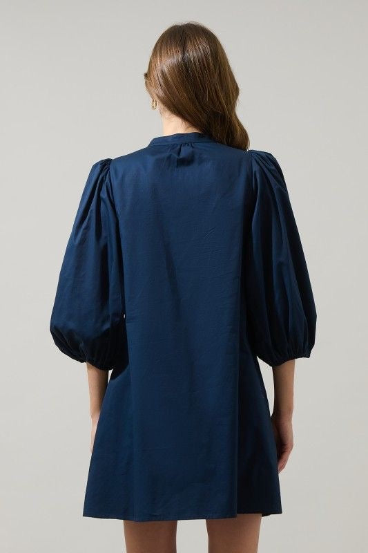 Navy Bubble Sleeve Shift Dress