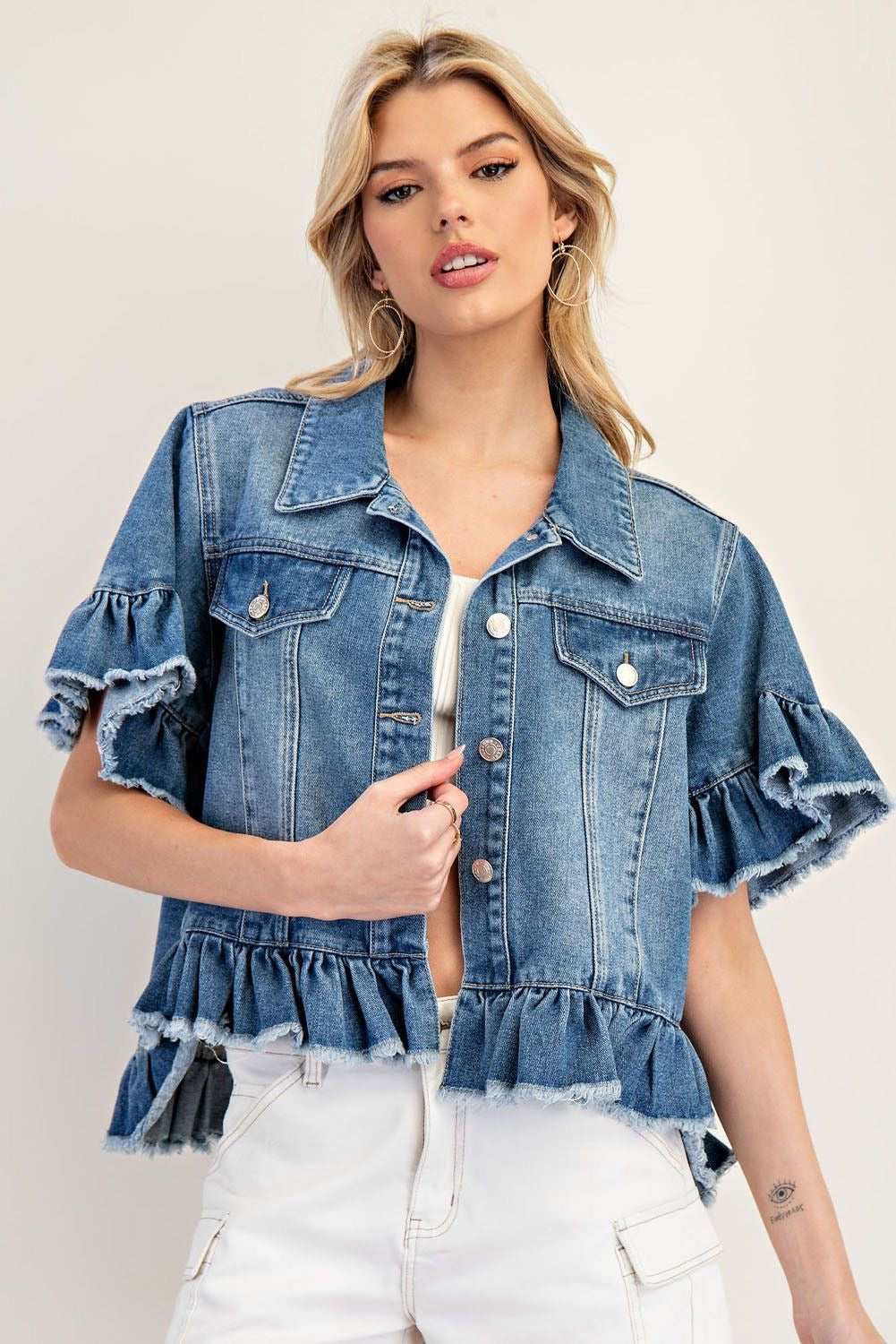 Ruffle Trim Short Sleeve Denim Jacket Top sold by A Velvet Window