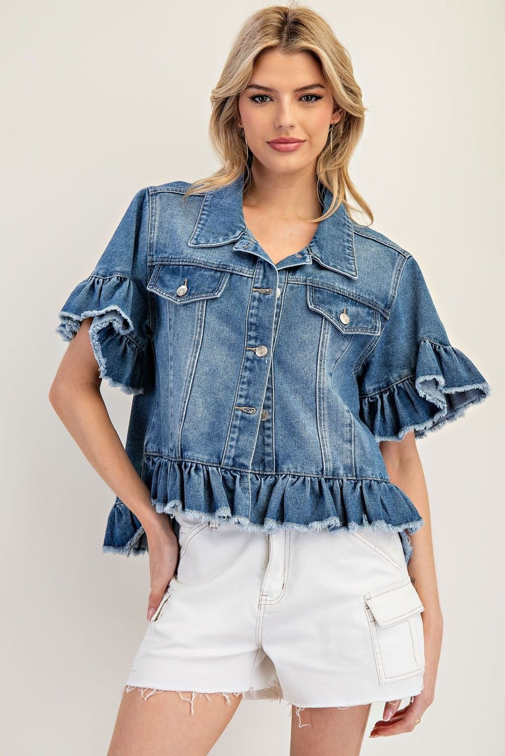 Ruffle Trim Short Sleeve Denim Jacket Top sold by A Velvet Window