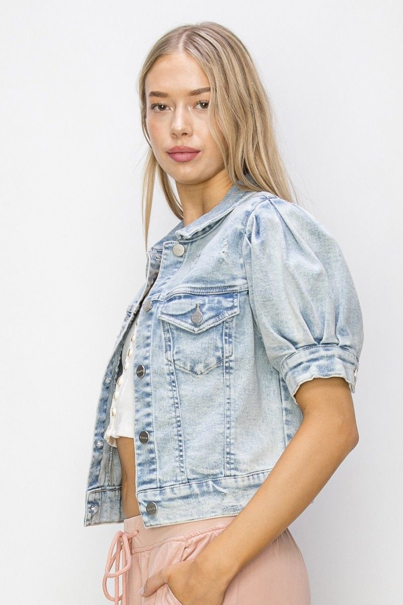 Shirring Sleeve Crop Denim Jacket sold by A Velvet Window