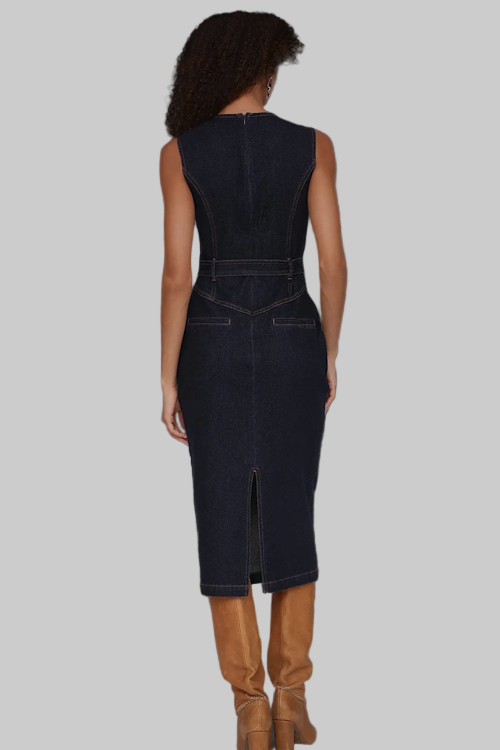 Premium Label - Denim Belted Midi Dress sold by A Velvet Window