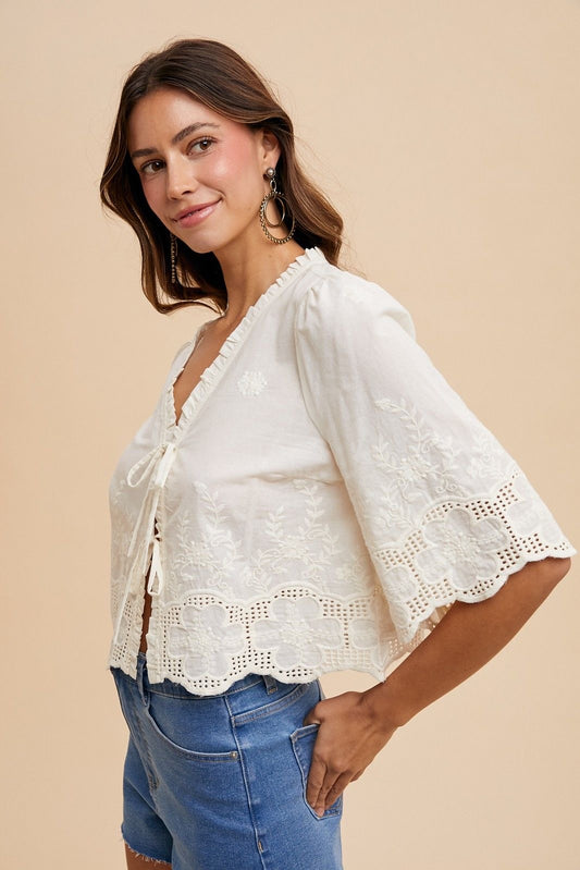 Ivory Embroidered Cotton Top sold by A Velvet Window