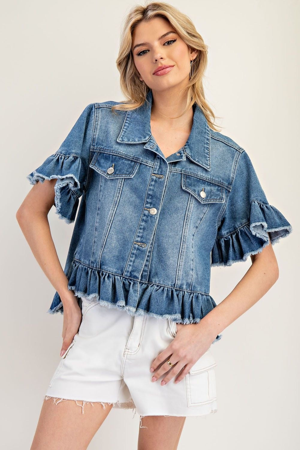 Ruffle Trim Short Sleeve Denim Jacket Top sold by A Velvet Window