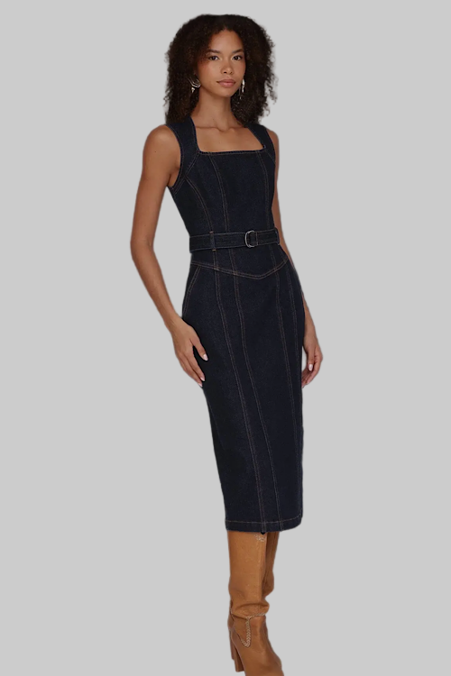 Premium Label - Denim Belted Midi Dress sold by A Velvet Window