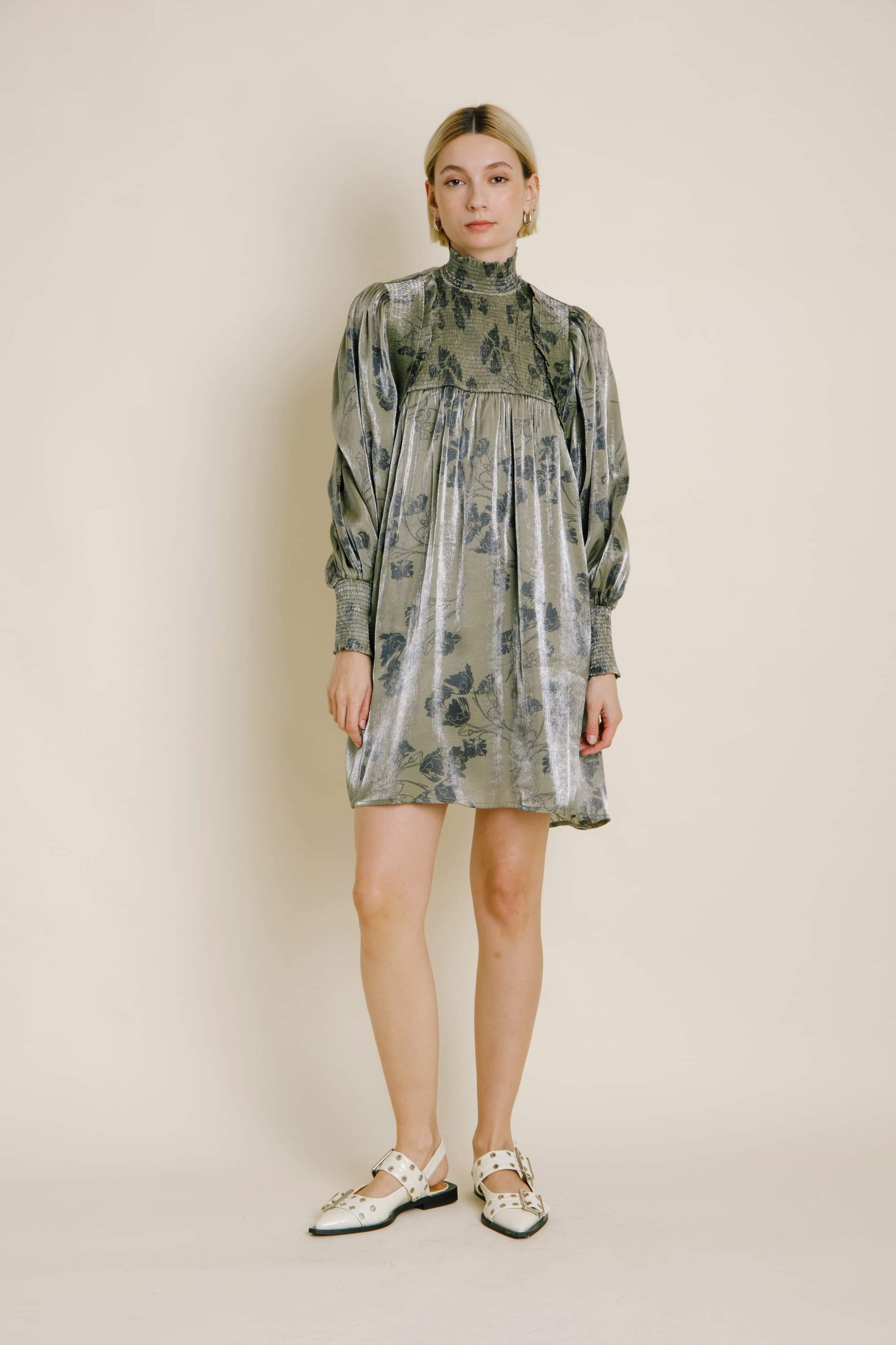 Olive Metallic Sheen Smocked Floral Mini Dress sold by A Velvet Window