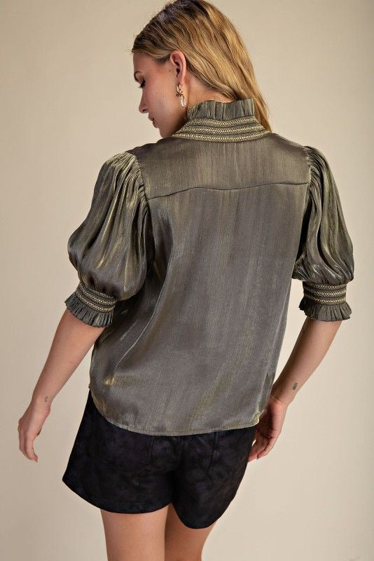 Metallic Sheen Ruffle Blouse sold by A Velvet Window