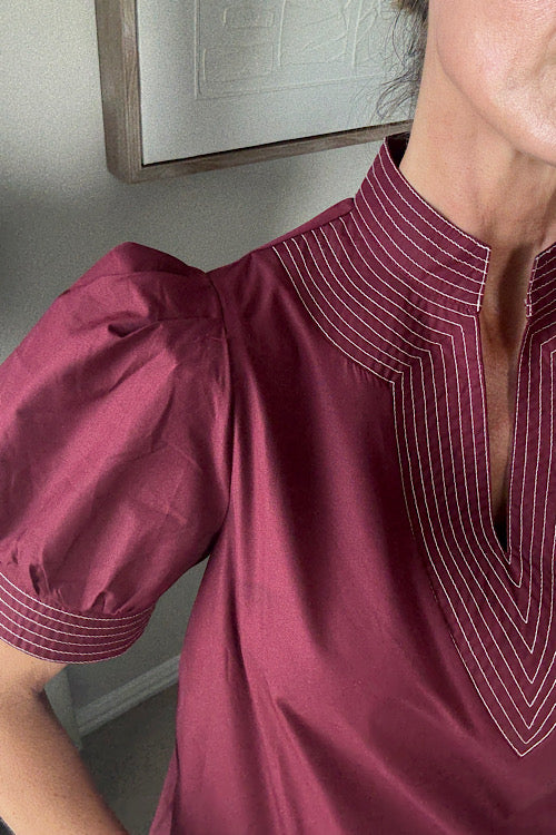 Burgundy V Stitch Bubble Sleeve Top