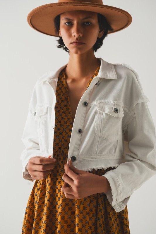 White Cropped Raw Hem Denim Jacket sold by A Velvet Window