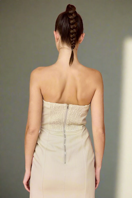 Taupe Denim Strapless Midi Dress sold by A Velvet Window