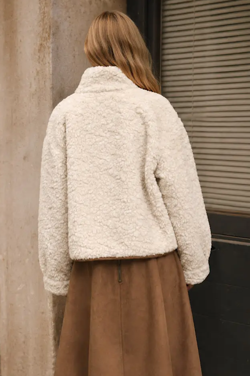 Mock Neck Sherpa Suede Trim Button Down Jacket - Ivory