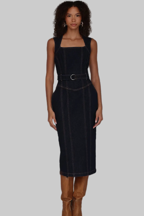 Premium Label - Denim Belted Midi Dress sold by A Velvet Window