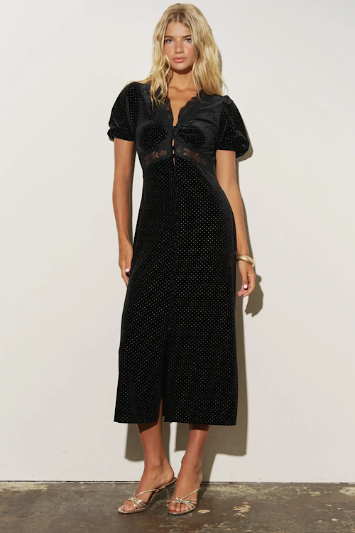 Polka Dot Velvet Lace Trim Puff Sleeve Midi Dress - Black