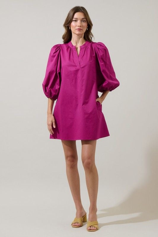 Magenta Bubble Sleeve Shift Dress