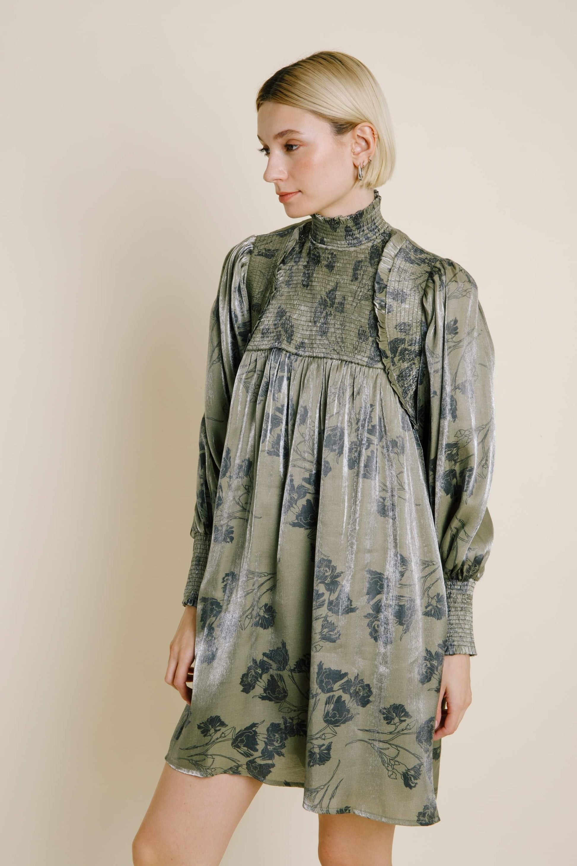 Olive Metallic Sheen Smocked Floral Mini Dress sold by A Velvet Window