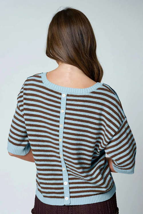 Stripe Contrast Trim Short Sleeve Knit Sweater - Brown