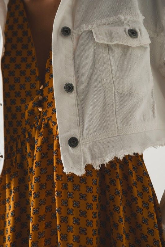 White Cropped Raw Hem Denim Jacket sold by A Velvet Window