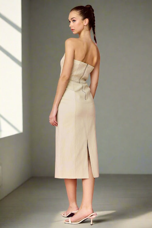 Taupe Denim Strapless Midi Dress sold by A Velvet Window