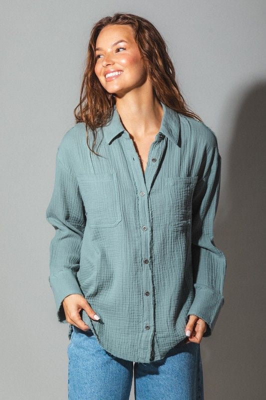 Distressed Gauze Button Down Shirt sold by A Velvet Window A Velvet