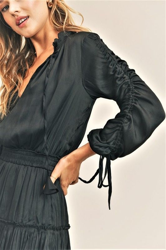 Black Silky Cinch Sleeve Dress sold by A Velvet Window