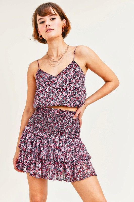 Reset Black and Pink Floral Tiered Ruffle Skirt