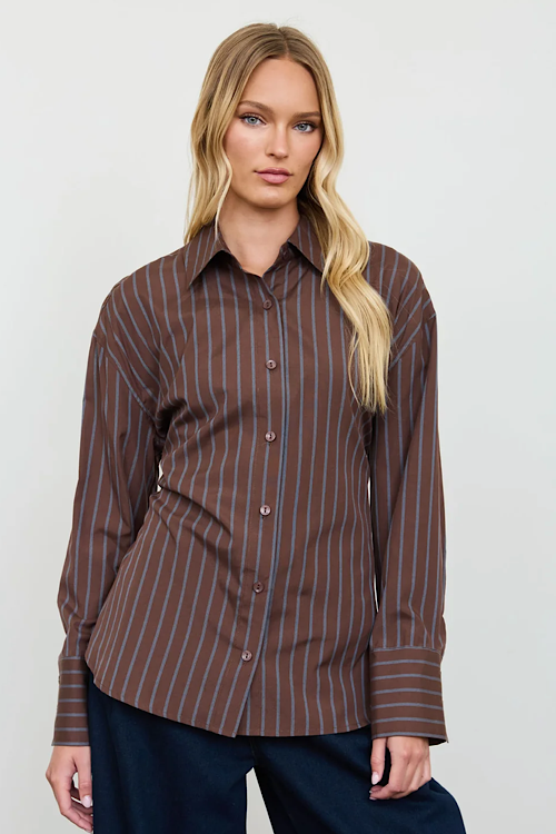 Stripe Button Down Back Lace Up Shirt - Brown sold by A Velvet Window