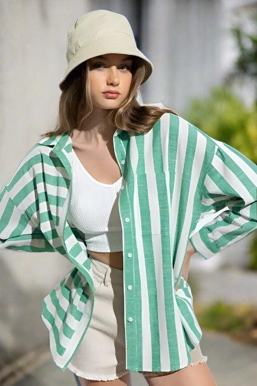 Grass Green Oversized Stripe Button Up Shirt sold by A Velvet Window