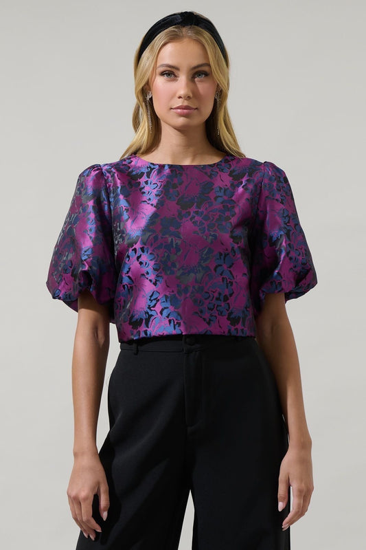 Farrah Jacquard Floral Bubble Top sold by A Velvet Window