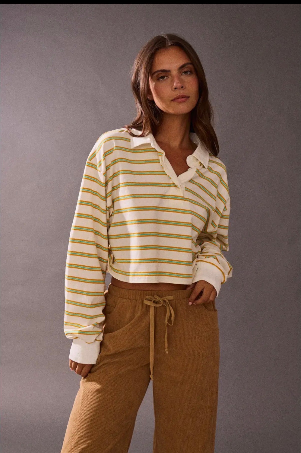 Cropped Stripe Collared Long Sleeve sold by A Velvet Window