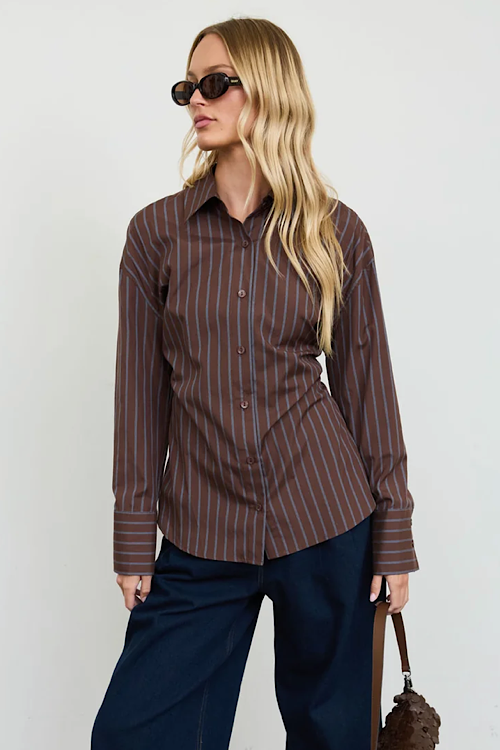 Stripe Button Down Back Lace Up Shirt - Brown Multi