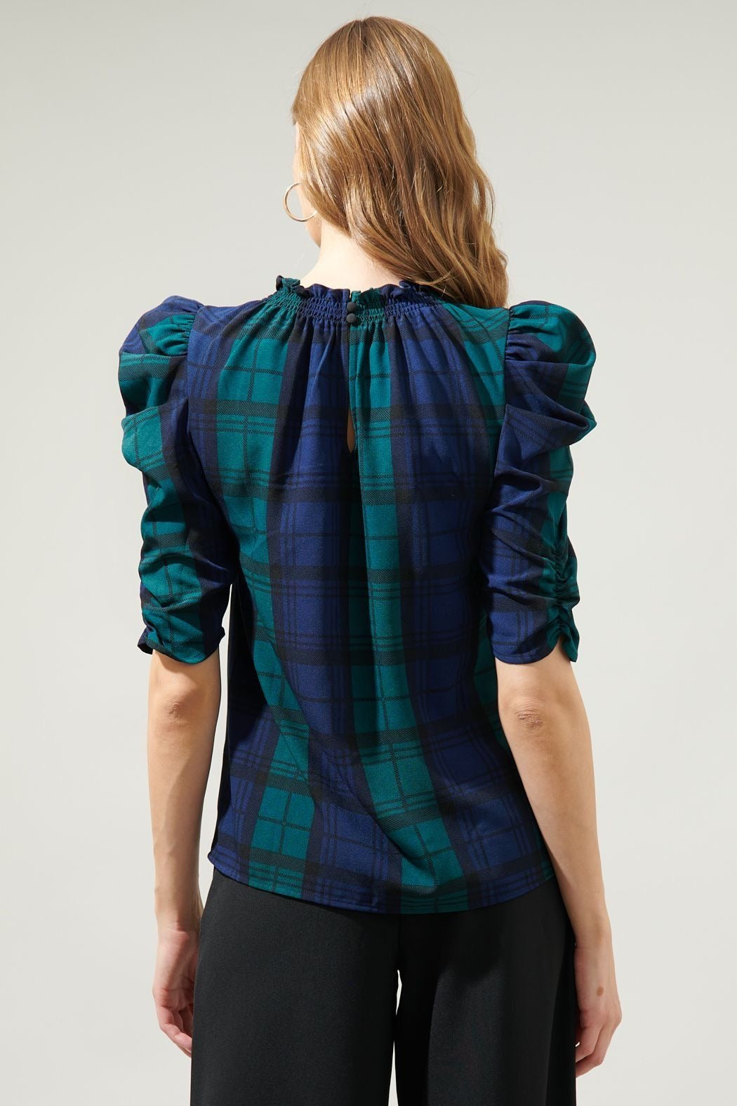 Hudson Plaid Ruched Sleeve Top sold by A Velvet Window