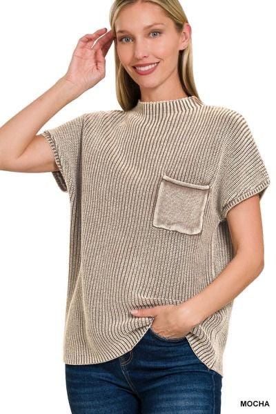 Long Washed Mock Neck Short Sleeve Sweater