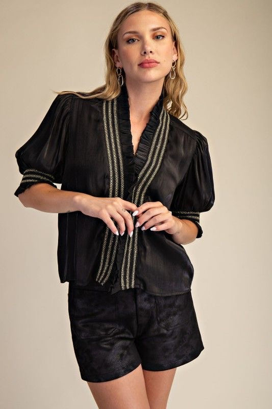 Metallic Sheen Ruffle Blouse sold by A Velvet Window